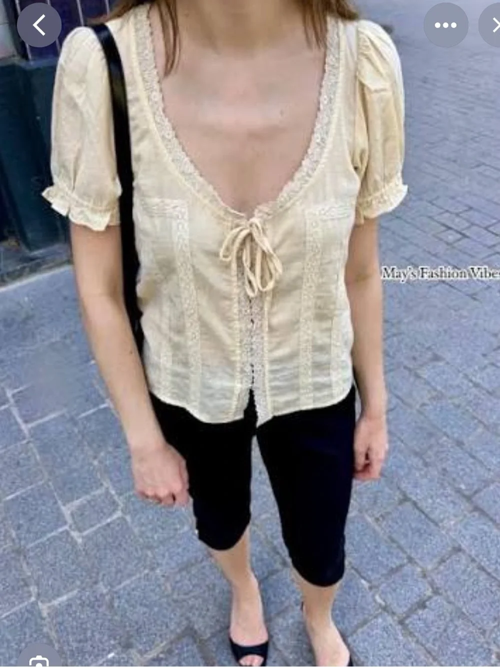 Zara Cream Lace-Trim Tie-Front Blouse